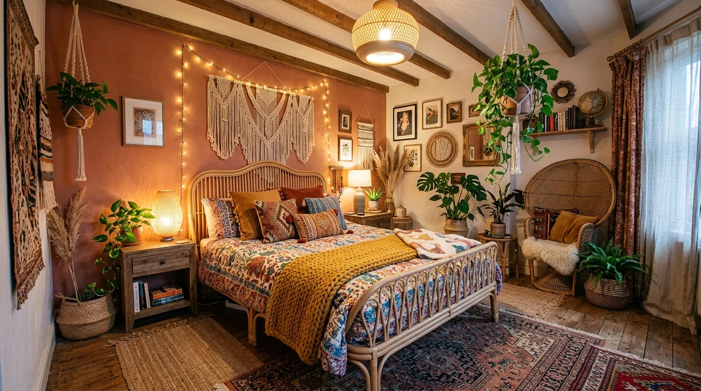 Free-spirited boho bedroom styled as an eclectic cozy sleep space.